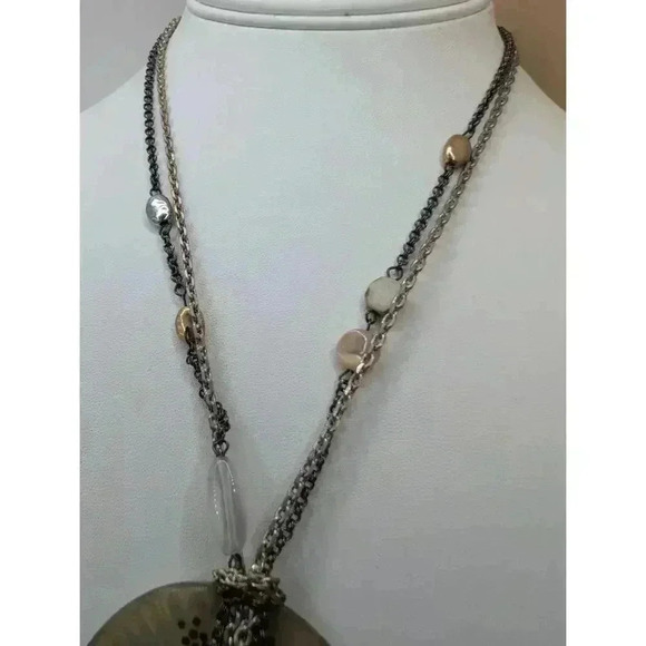 Chicos Silvertone Multichain Discs Beaded Necklace Pendant - Picture 3 of 8